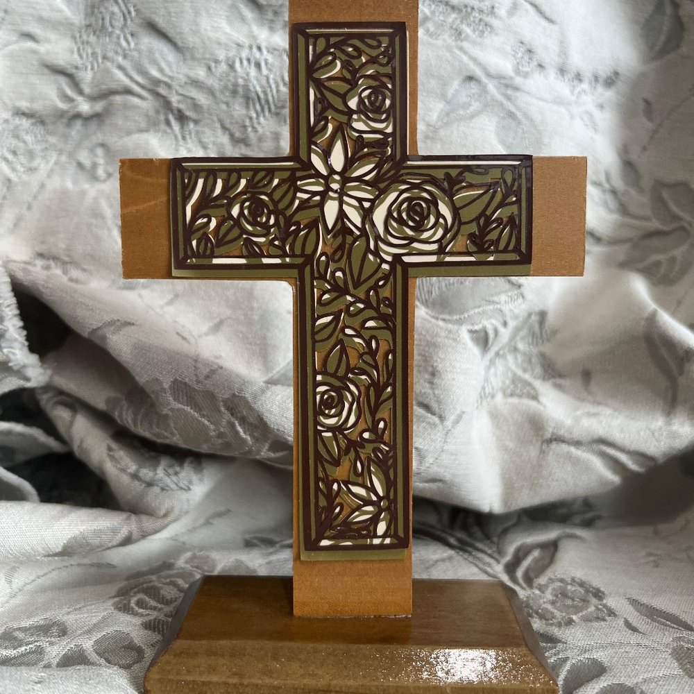 Wood Pedestal Cross With Design